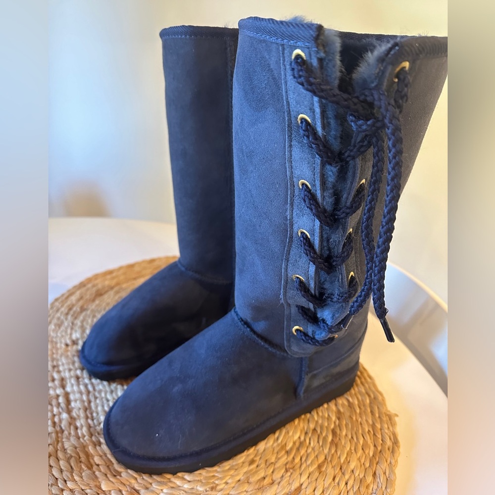 DELUXE CLASSIC TALL LACE UP UGG BOOTS - NAVY